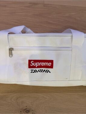 Supreme White Canvas Duffel with Red Logo